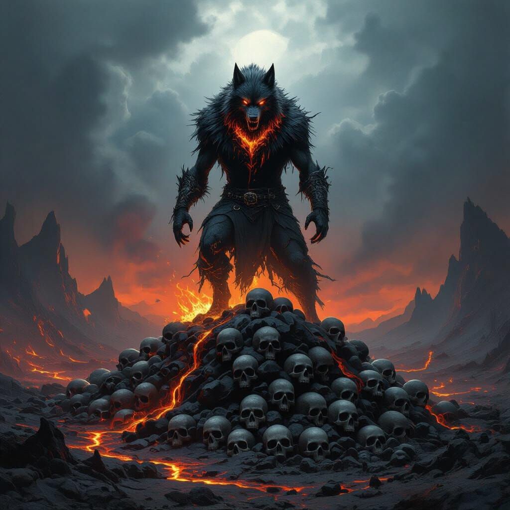 Hellfire Wolf on Skull Mountain: Dark Fantasy Art
