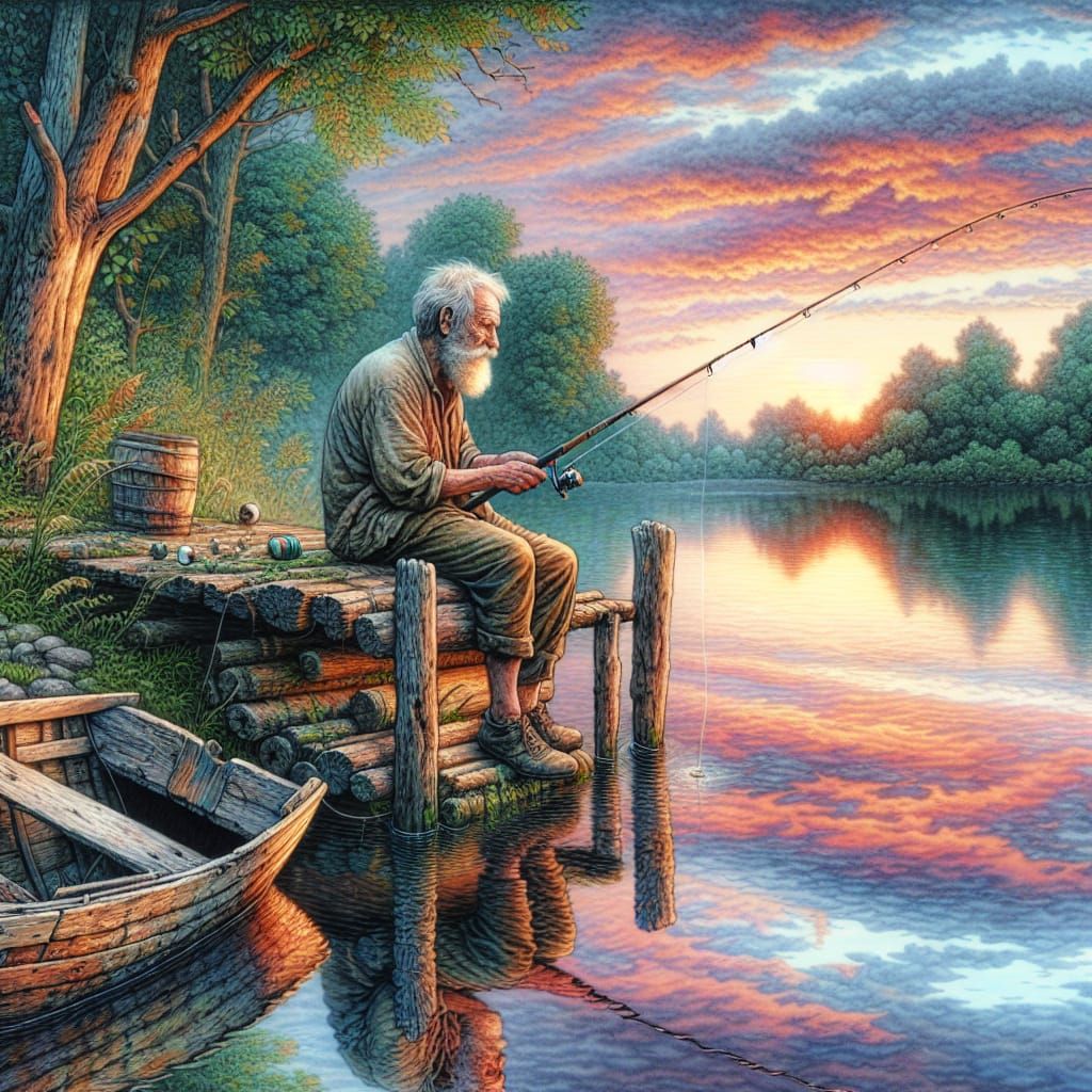Whimsical Old Man Fishing on a Weathered Wooden Dock at Suns...