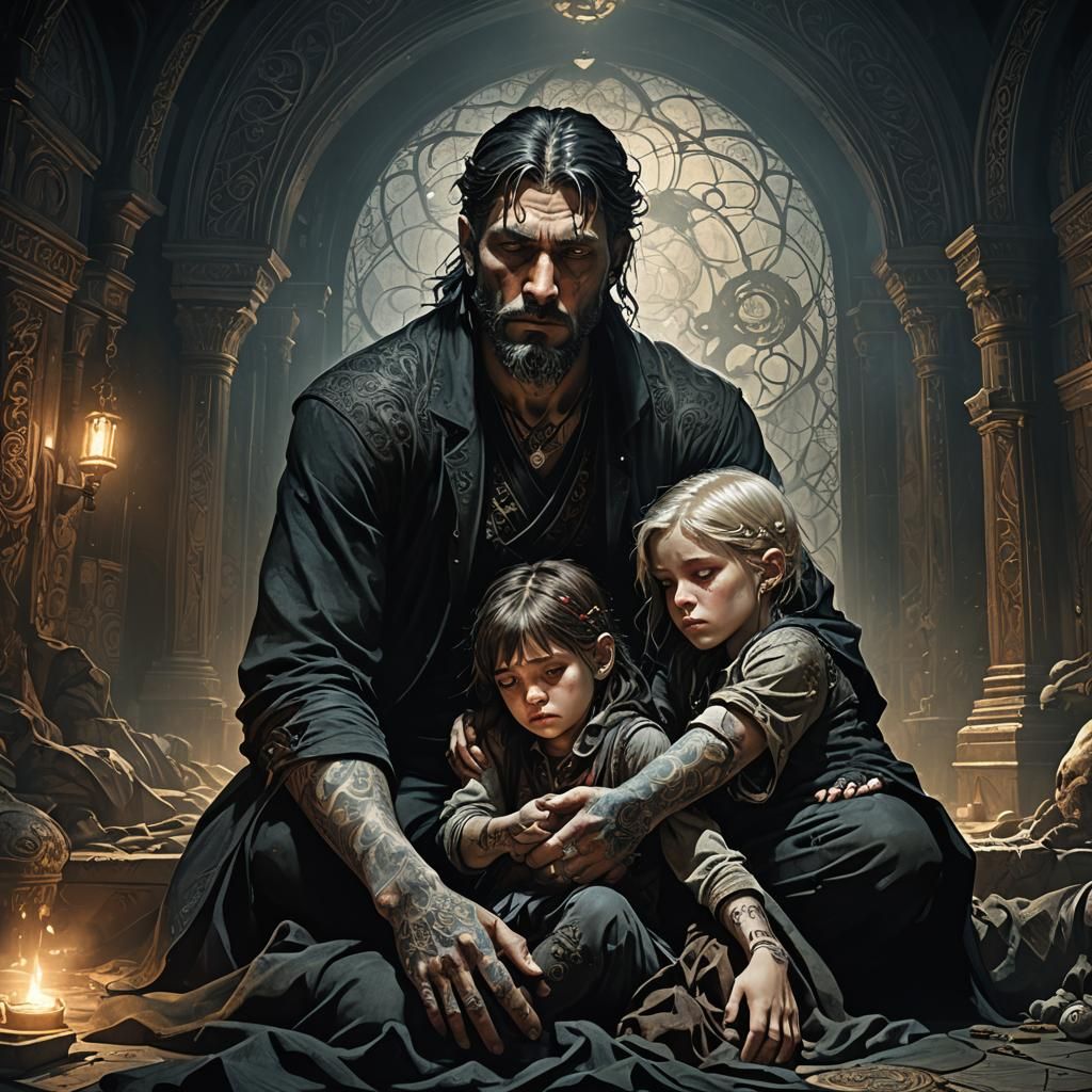 Grieving Adults in Mystical Chamber, Dark Fantasy Art