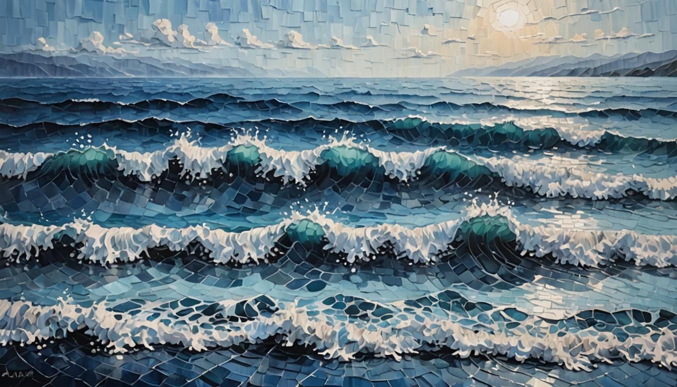 Monochromatic Blue Ocean Impasto Painting