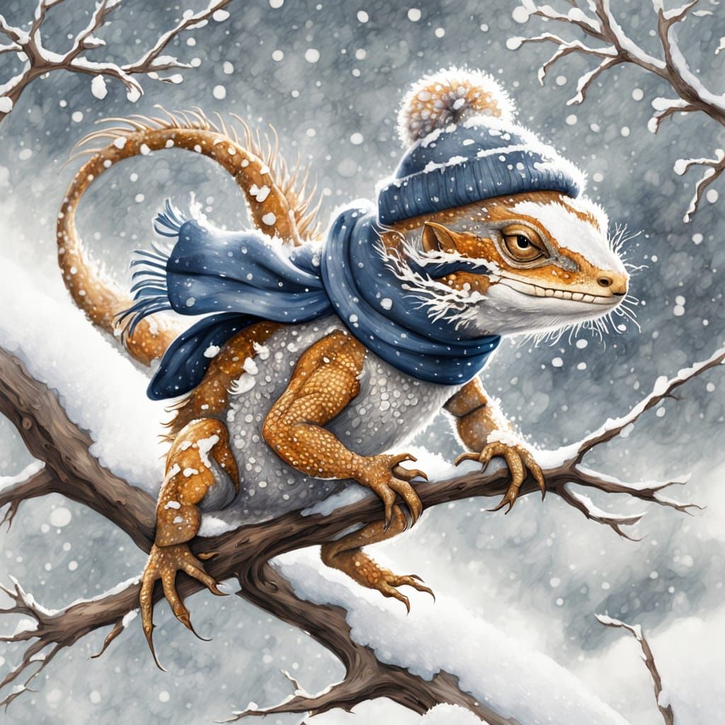 Whimsical Lizard Braving a Snowy Blizzard in Storybook Style