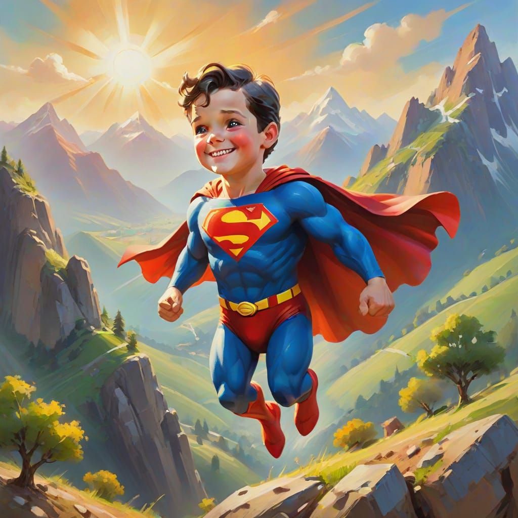 Happy Superman Flying Over Serene Mountains