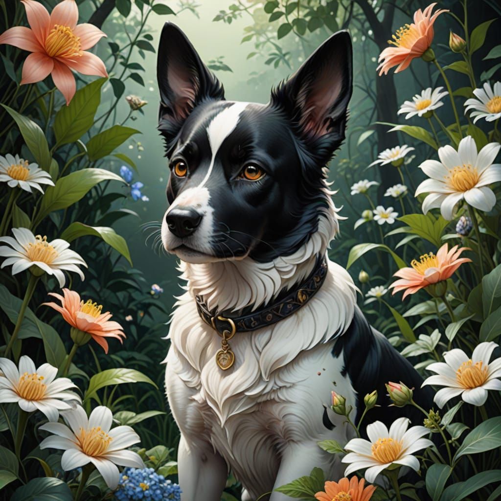 Surreal Pencil Sketch of Adorable Dog in Vibrant Floral Wond...