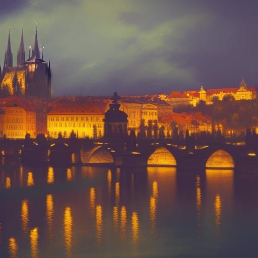 Prague at Night: A Fantastical Landscape Painting