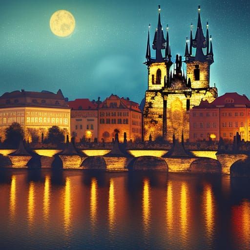 Prague at Night: A Fantastical Landscape Painting