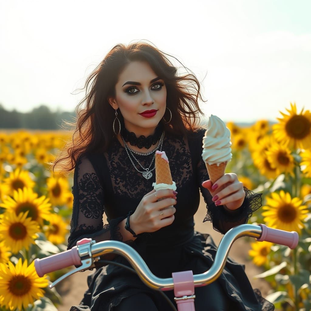 Gothic Individual Rides Pastel Bicycle Through Sunflower Fie...