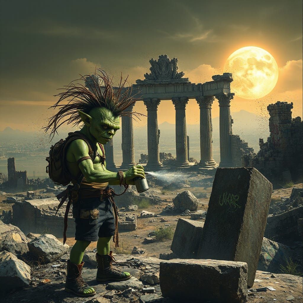 Punk Goblin Adorns Ancient Ruins with Graffiti Art
