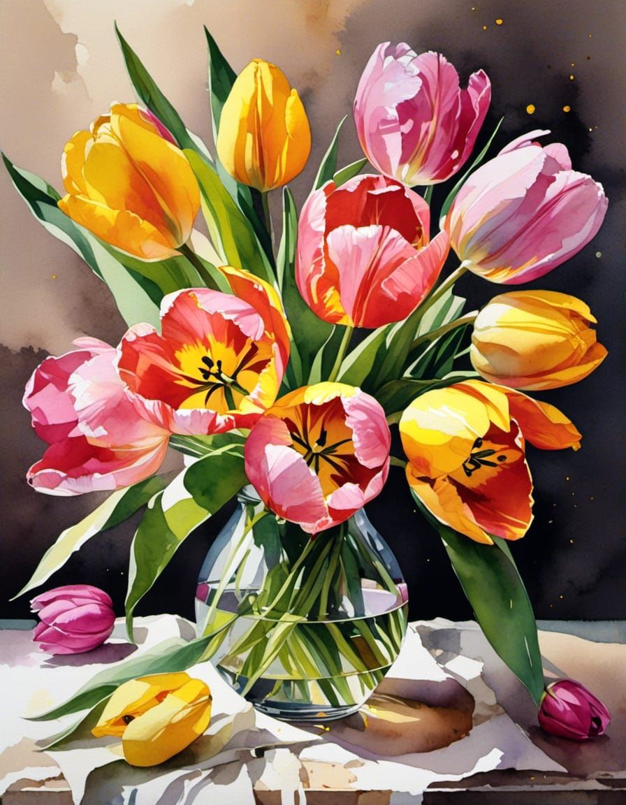 Tulips in Vase: Watercolor Still Life