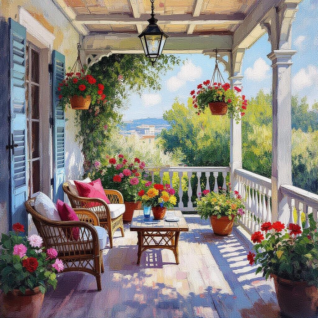 Blooming Veranda in Impressionist Gouache Style