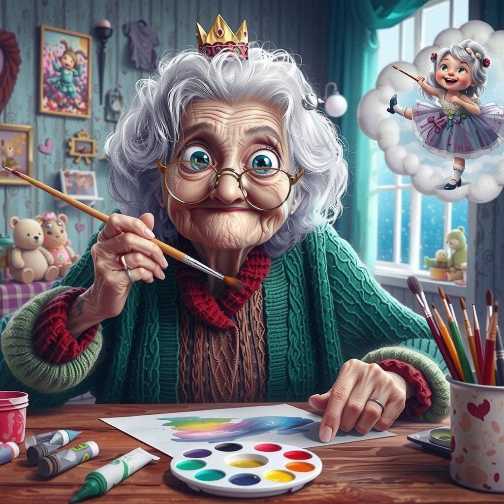 Whimsical Elderly Woman Lost in Artistic Dream
