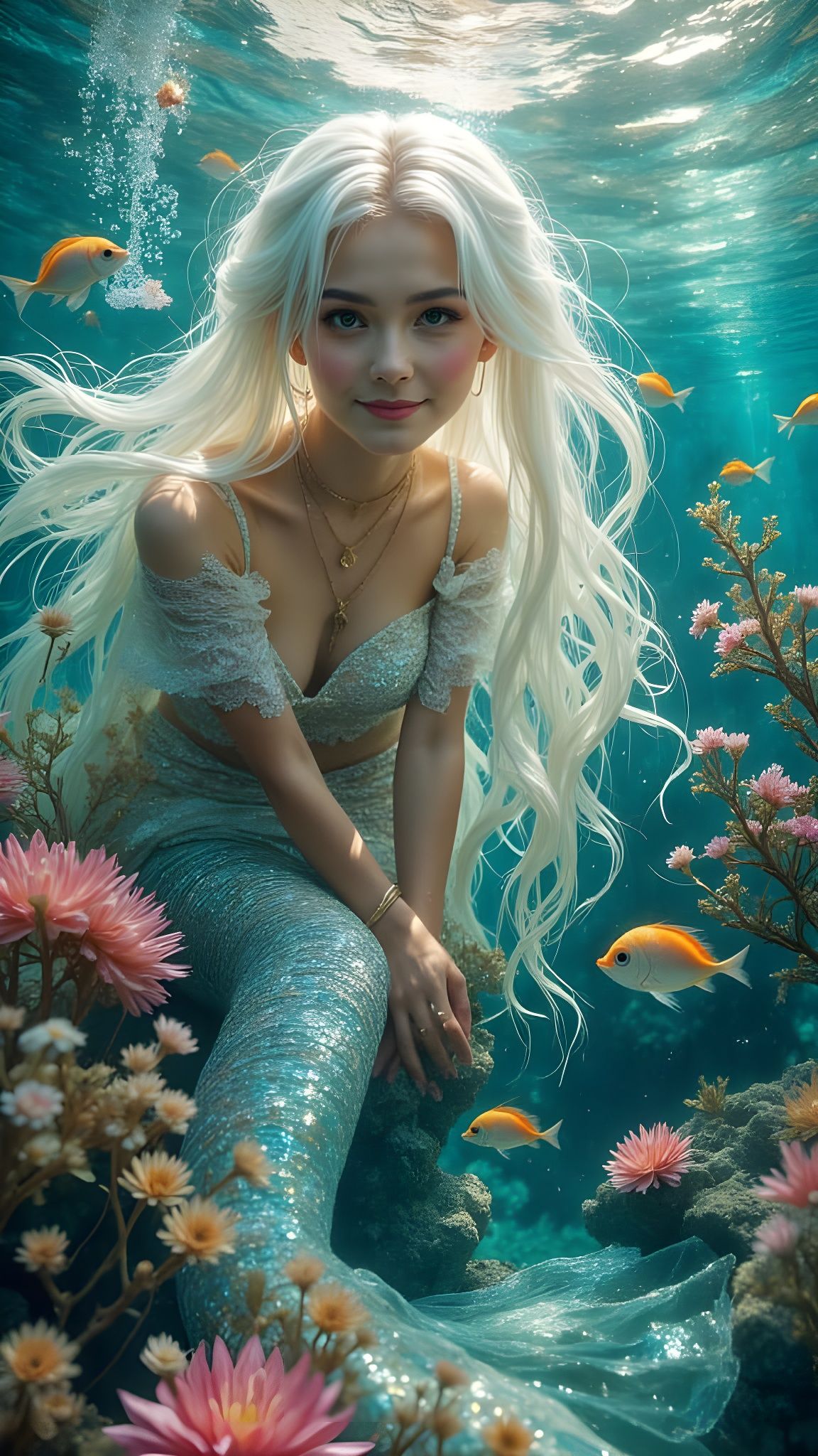 Smiling Mermaid Underwater Amidst Coral and Fish