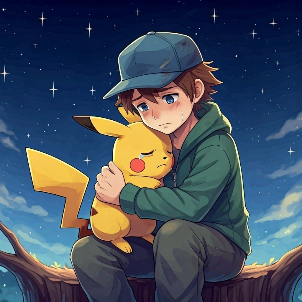 Trainer Comforts Pikachu in Watercolor Anime Style