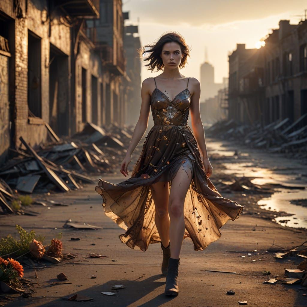 Fashion Model in Flower Dress Amidst Post-Apocalyptic Citysc...