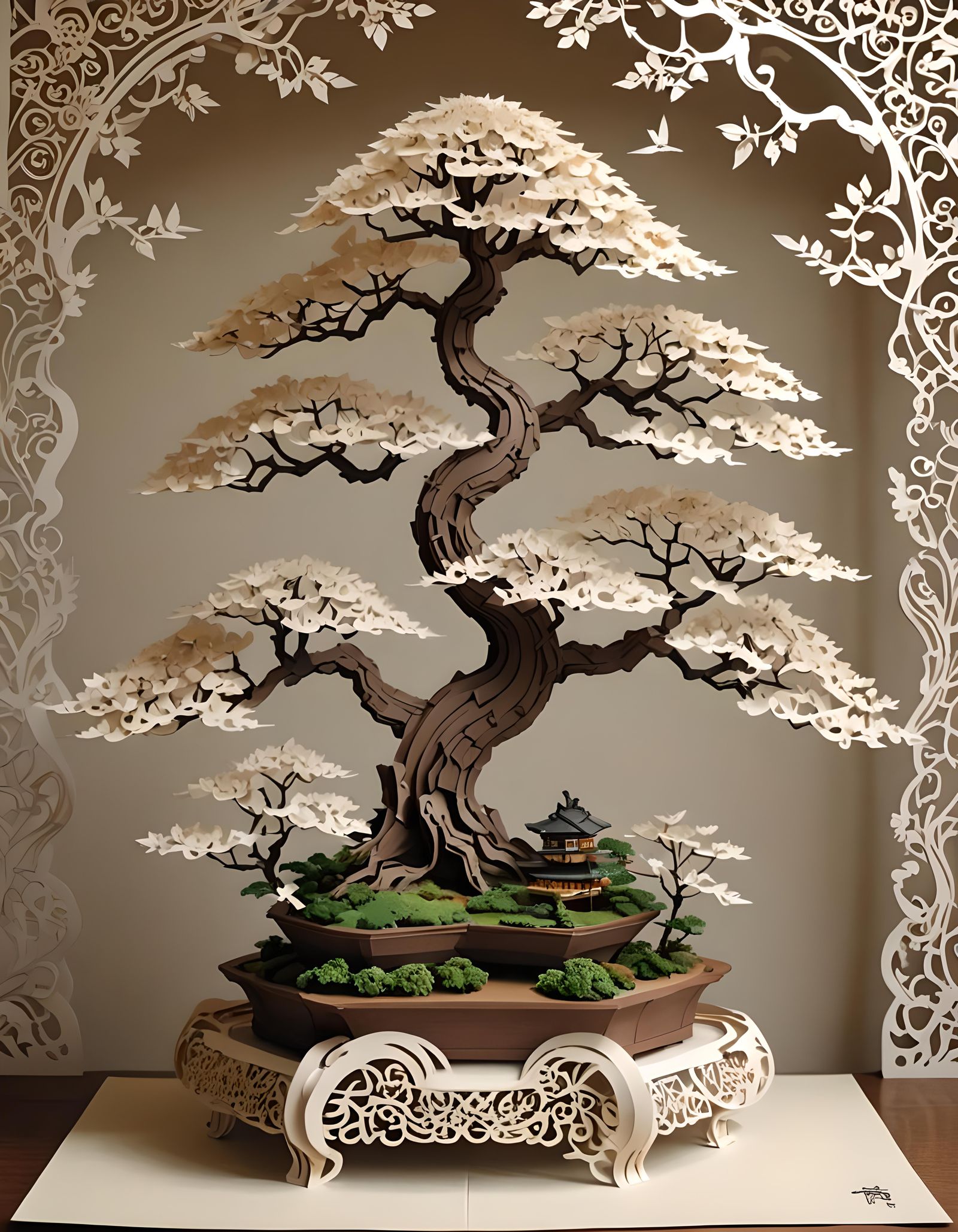 Intricate Paper Bonsai in Kirigami Style