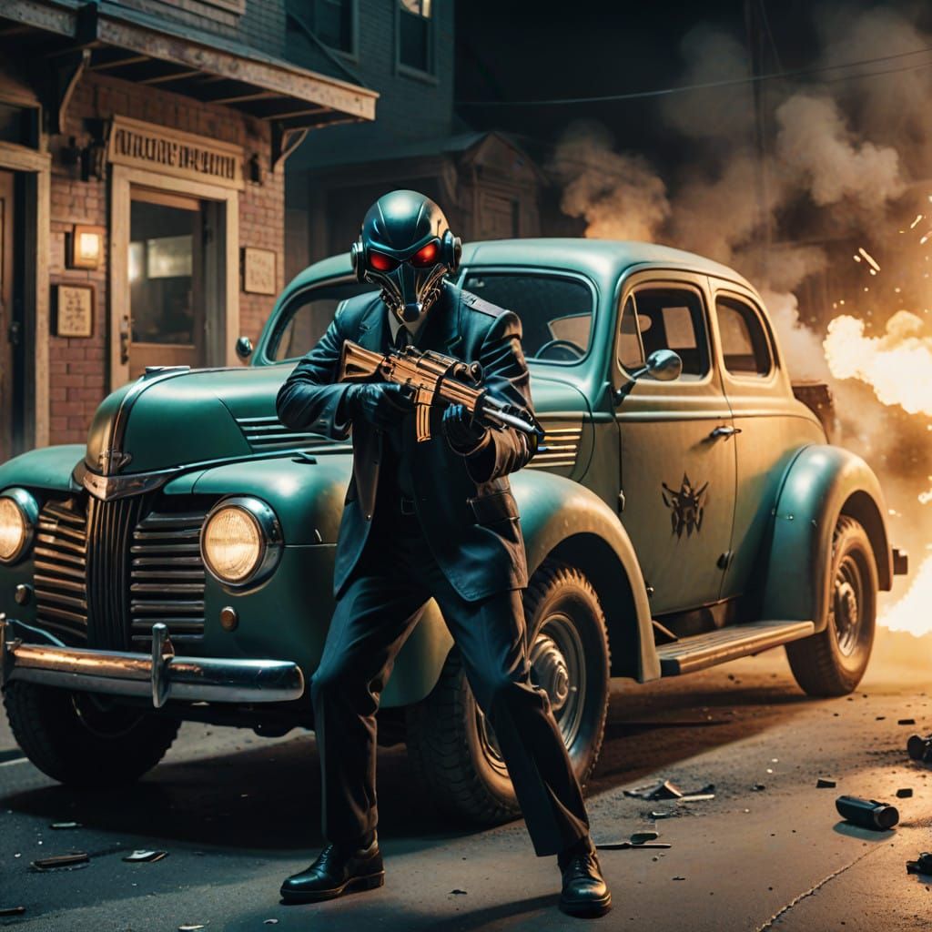 Futuristic alien gangster with a tommy gun firing from suici...