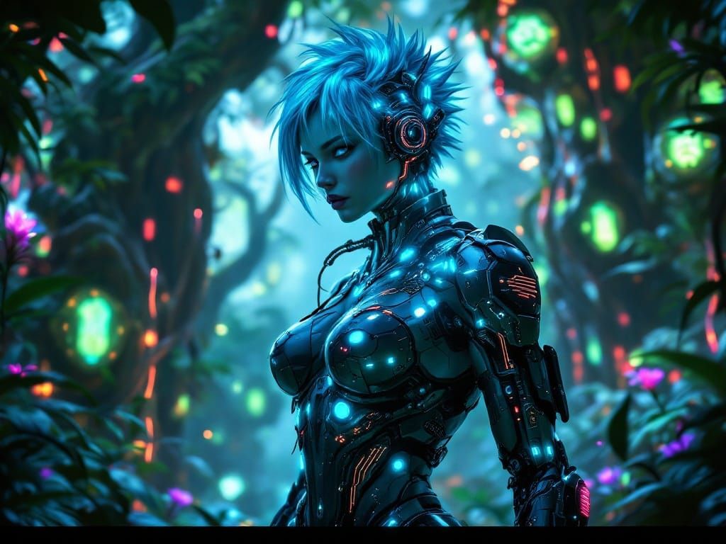 Cyberpunk Goddess in Bioluminescent Jungle