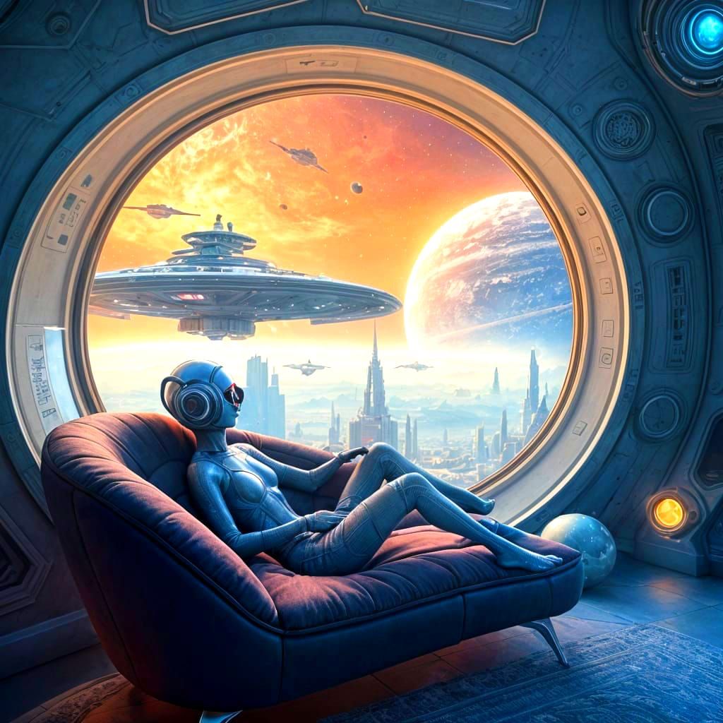Cosy Futuristic Space Station Apartment with Lounging Alien