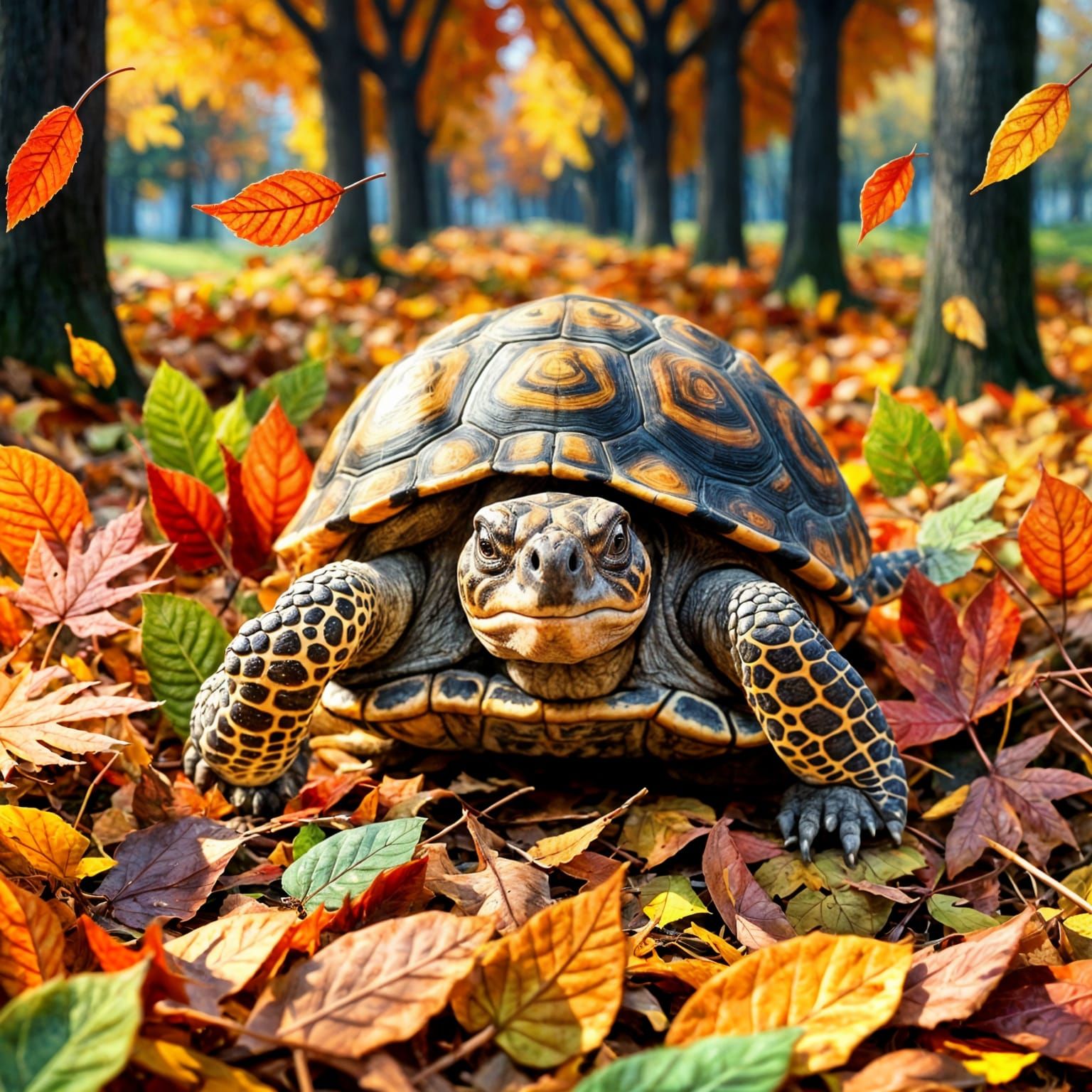 Happy Tortoise Plays in Autumn Leaves