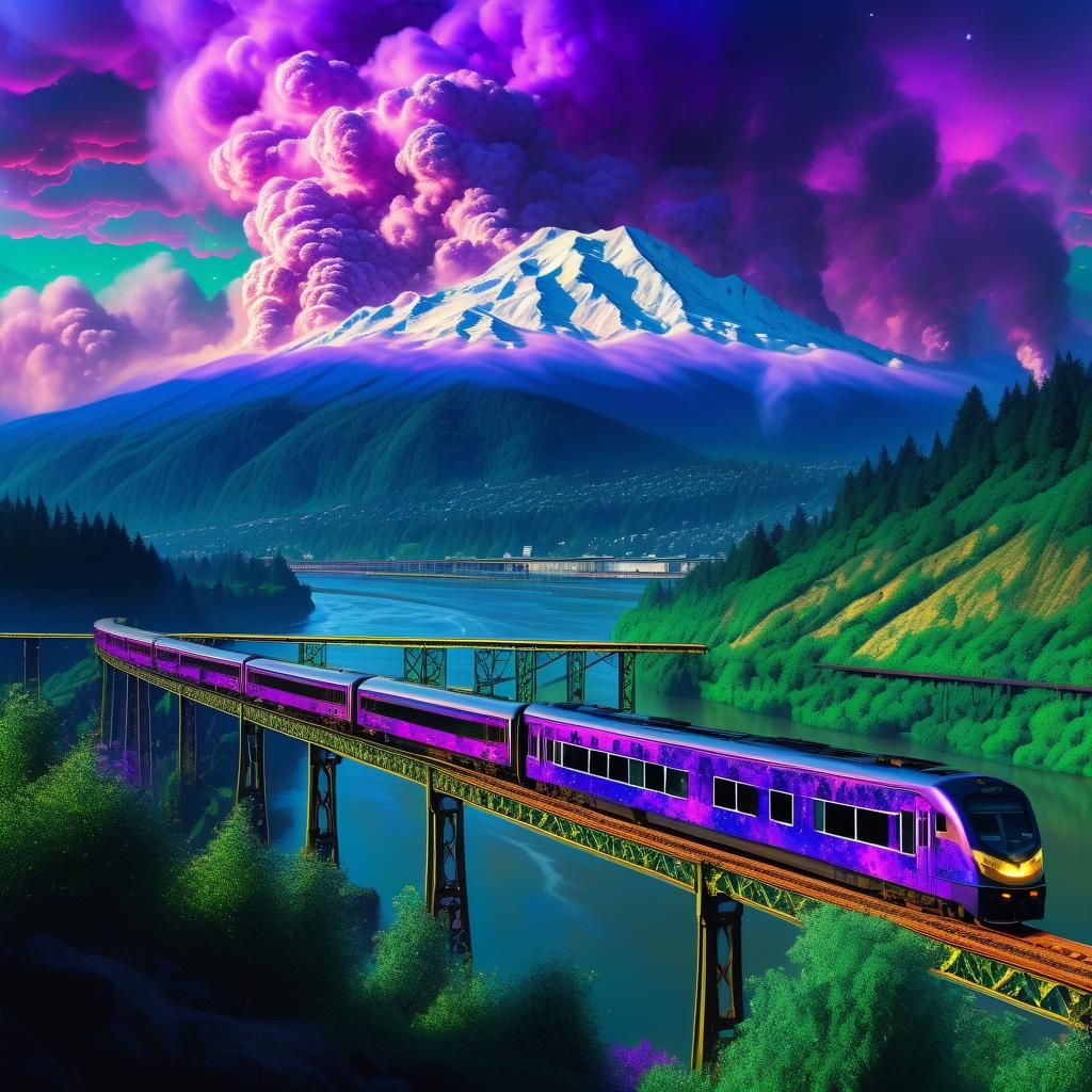 Portland Train Amidst Cosmic Astral River Landscape