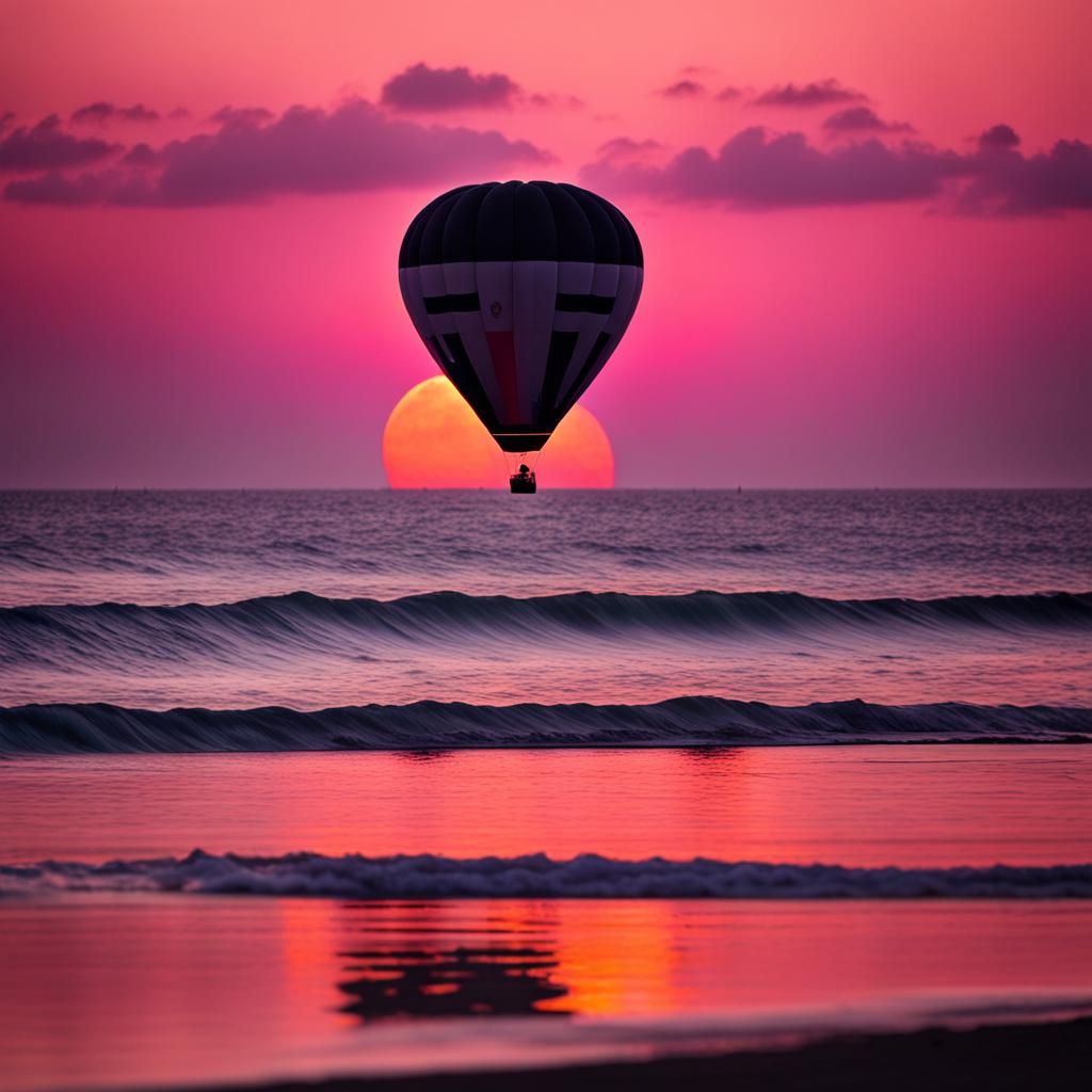 Hot Air Balloon at Sunset Over Beach