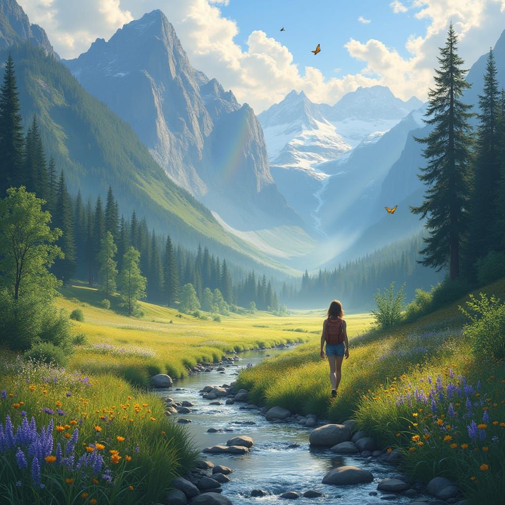 Dreamy Valley Landscape at Dawn with Serene Wildflowers and....