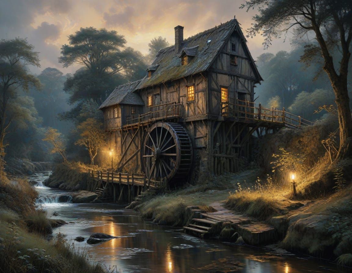 Historic Watermill in Mysterious Evening Light