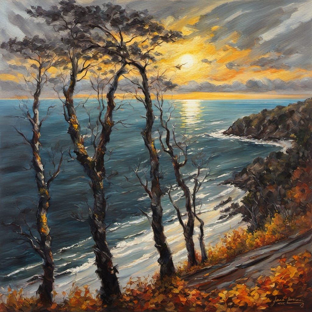Dramatic Trees Over Sea: Oil Painting in Impressionist Style