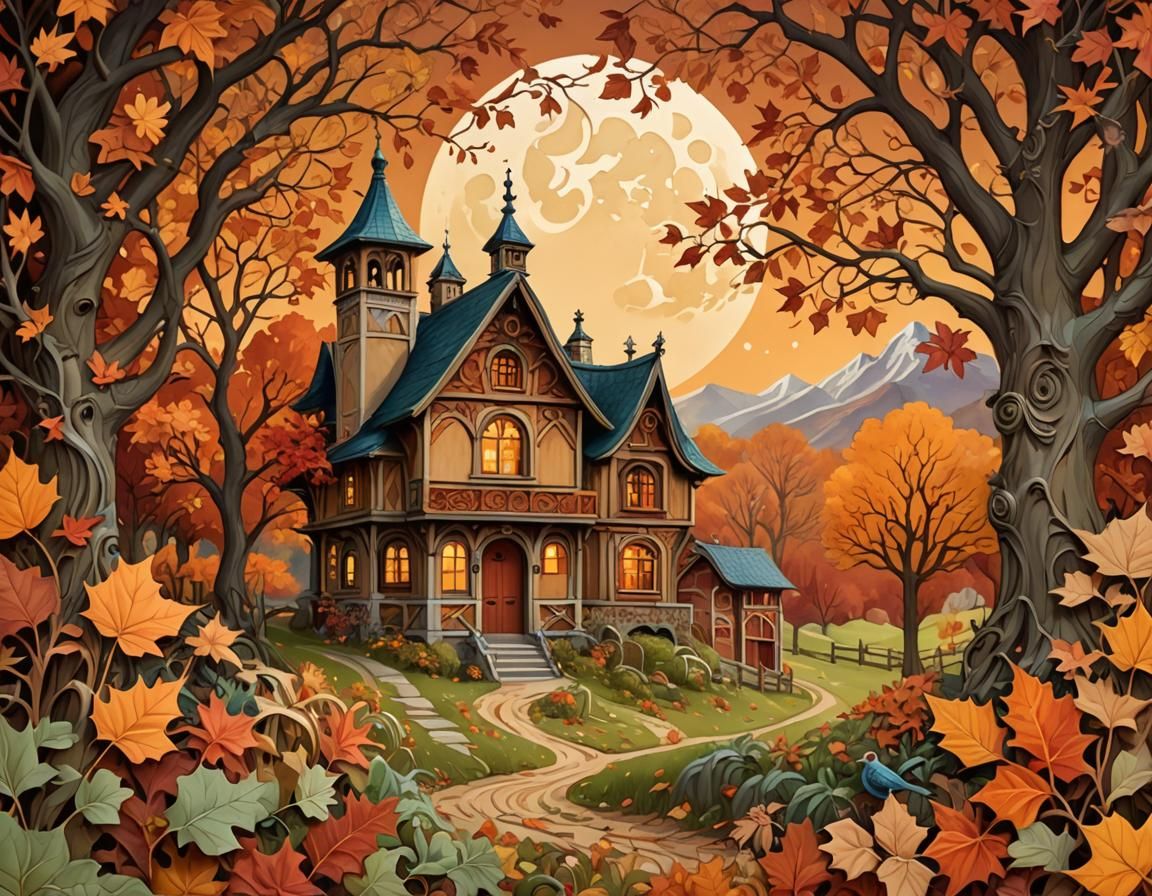 Whimsical Fairytale Farm Scene with Paper Autumn Leaves