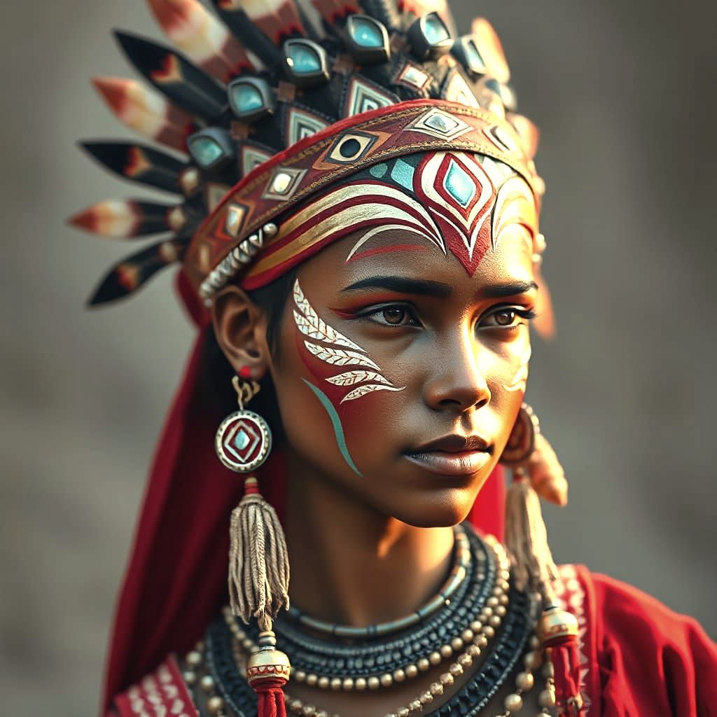 Young Native American Maiden in Vibrant Headdress