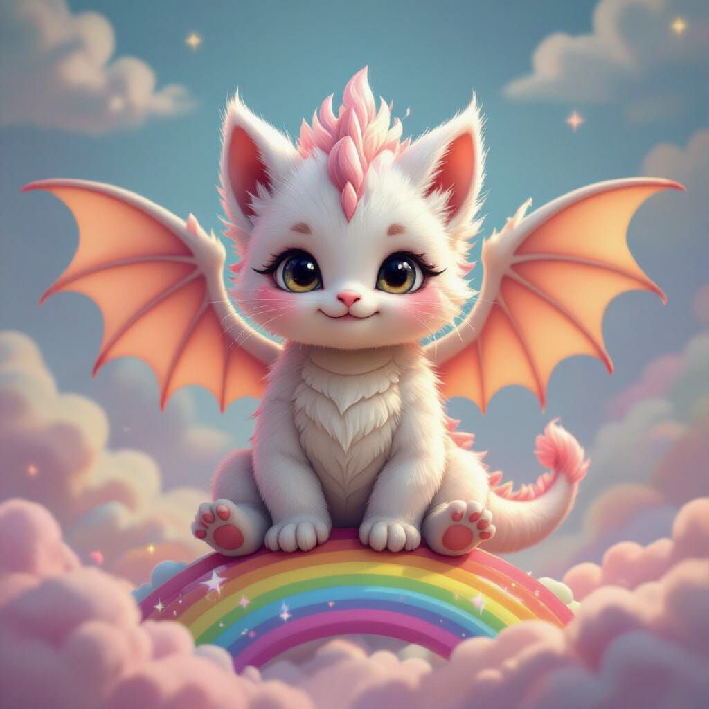 Chibi Dragon-Kitten on a Rainbow, 3D Render