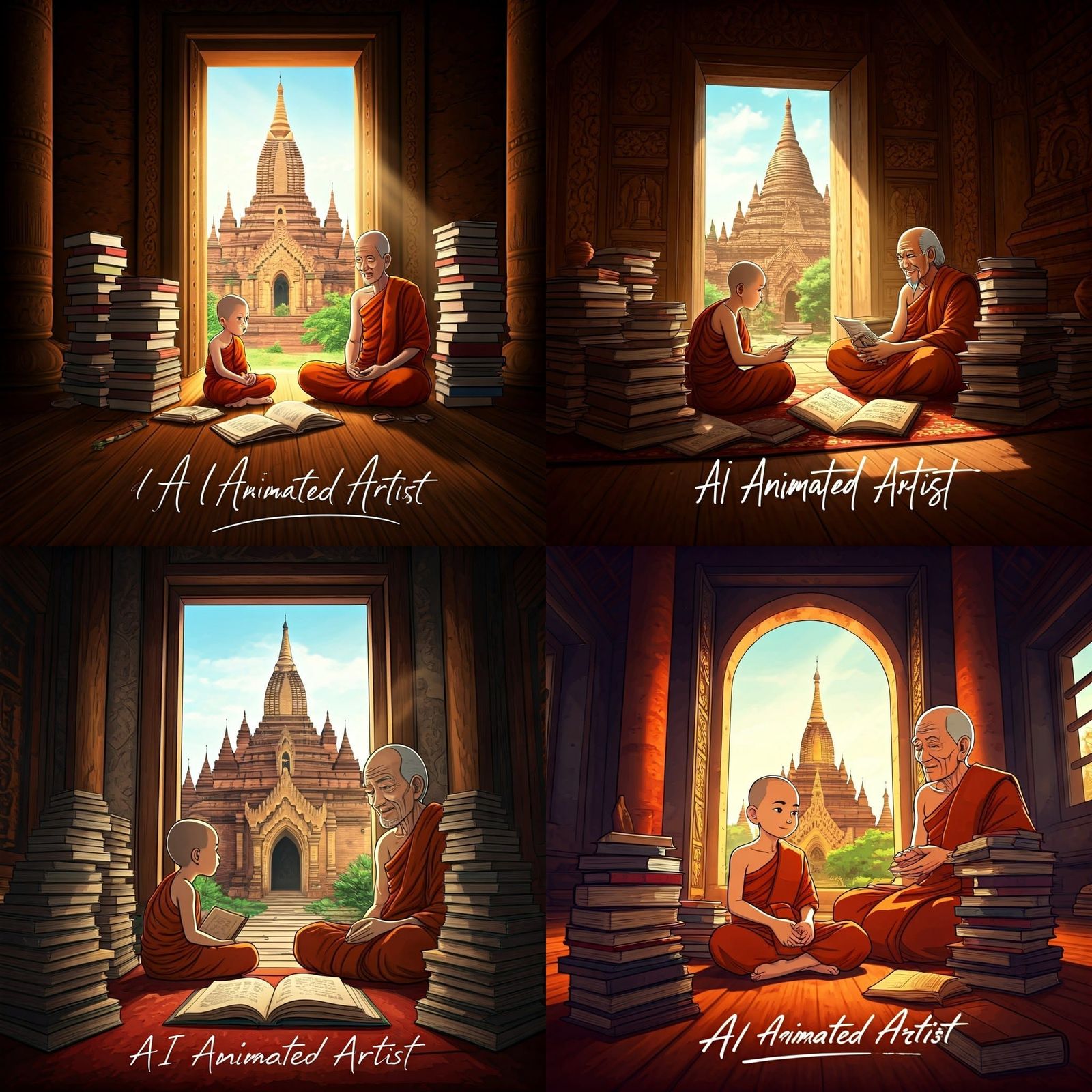 Monk Studying in Ancient Bagan: 3D Comic Scene
