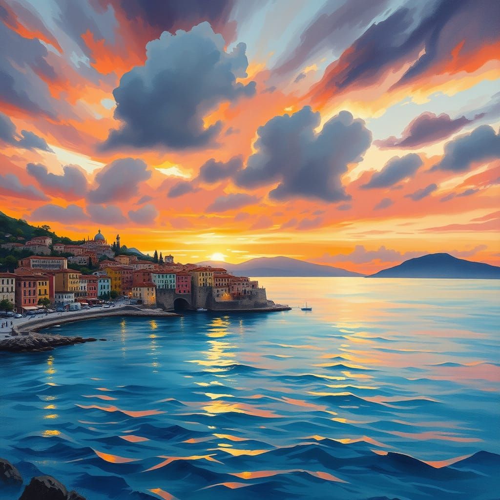 Mediterranean Sunset: Gouache Impressionist Seascape Paintin...