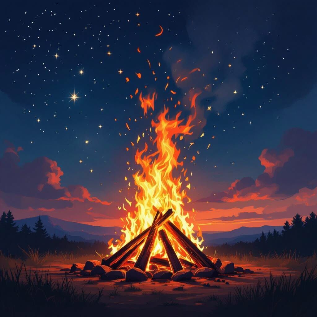 Spark Ignites Bonfire Under Starry Night Sky