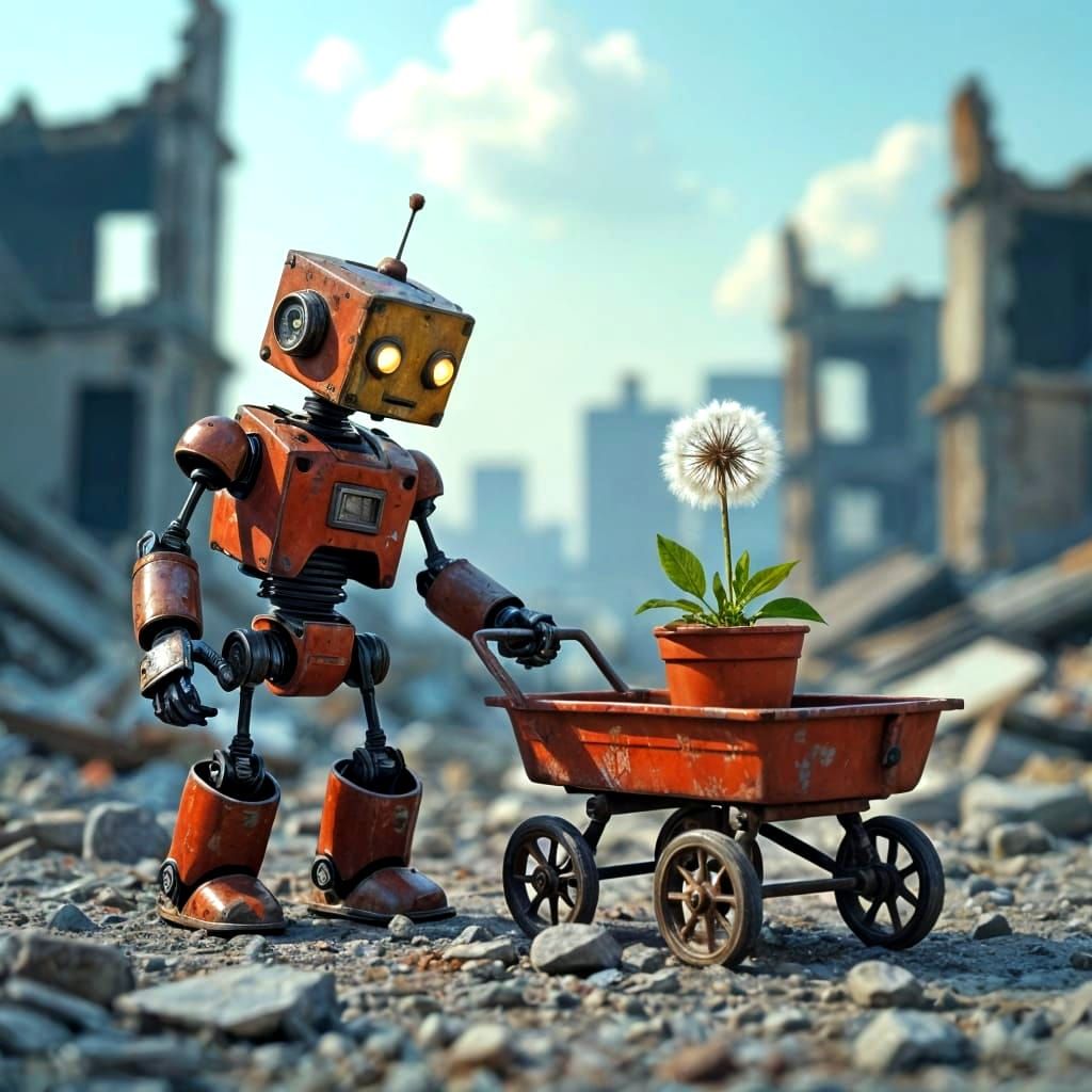 Robot with Dandelion in Destroyed City, Fantasy Art
