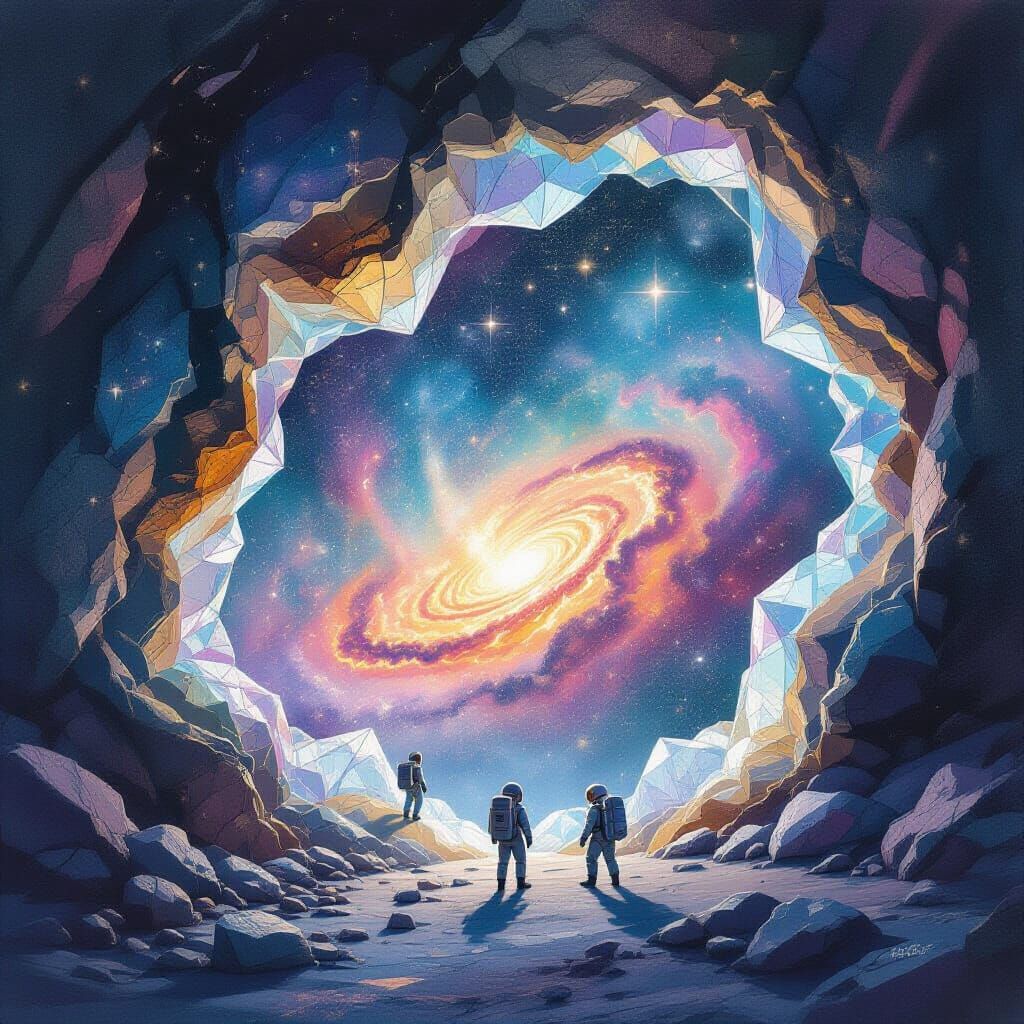 Giant Geode Nebula With Astronauts, Graffiti Watercolor Styl...