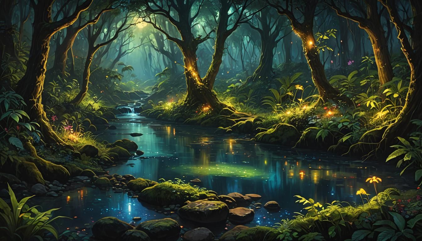 Enchanted Forest River at Night by James Gurney