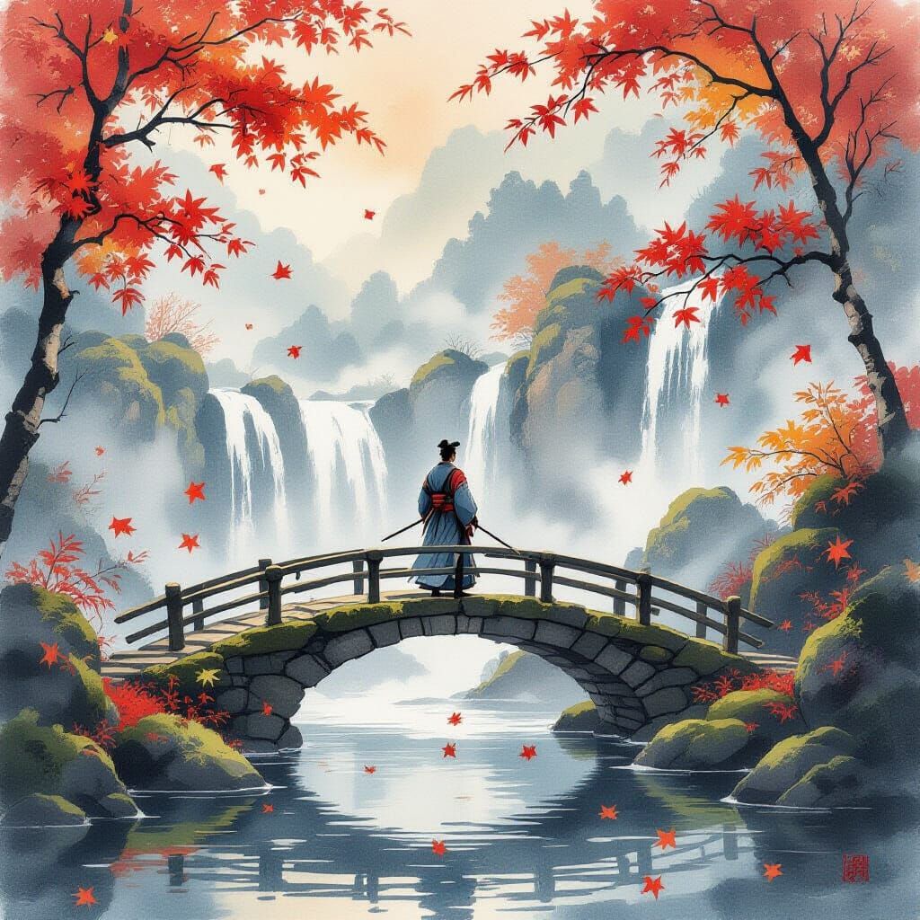 Samurai Warrior by Misty Waterfall in Japanese Ink Wash Styl...