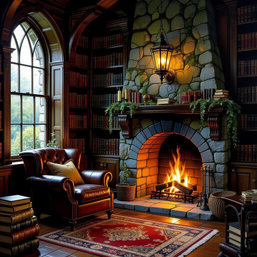 Cozy Library Reading Nook with Fireplace