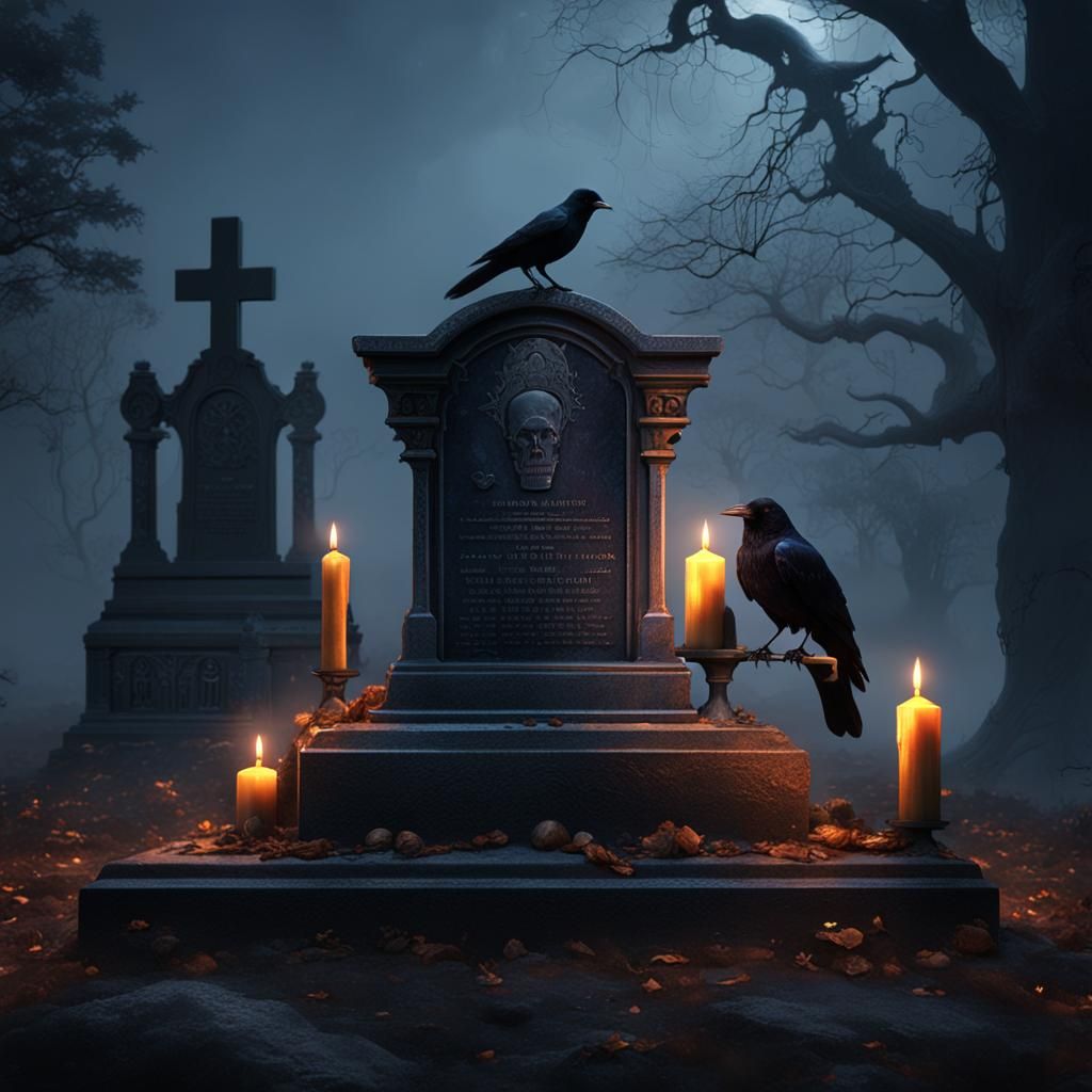Gravestone at Night with Crow, Matte Painting