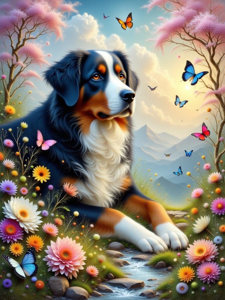 Bernese Mountain Dog in Fractal Lace Oil Painting with Paste...