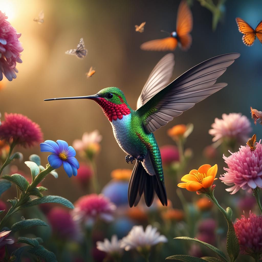 Photorealistic Hummingbird with Butterflies at Dawn