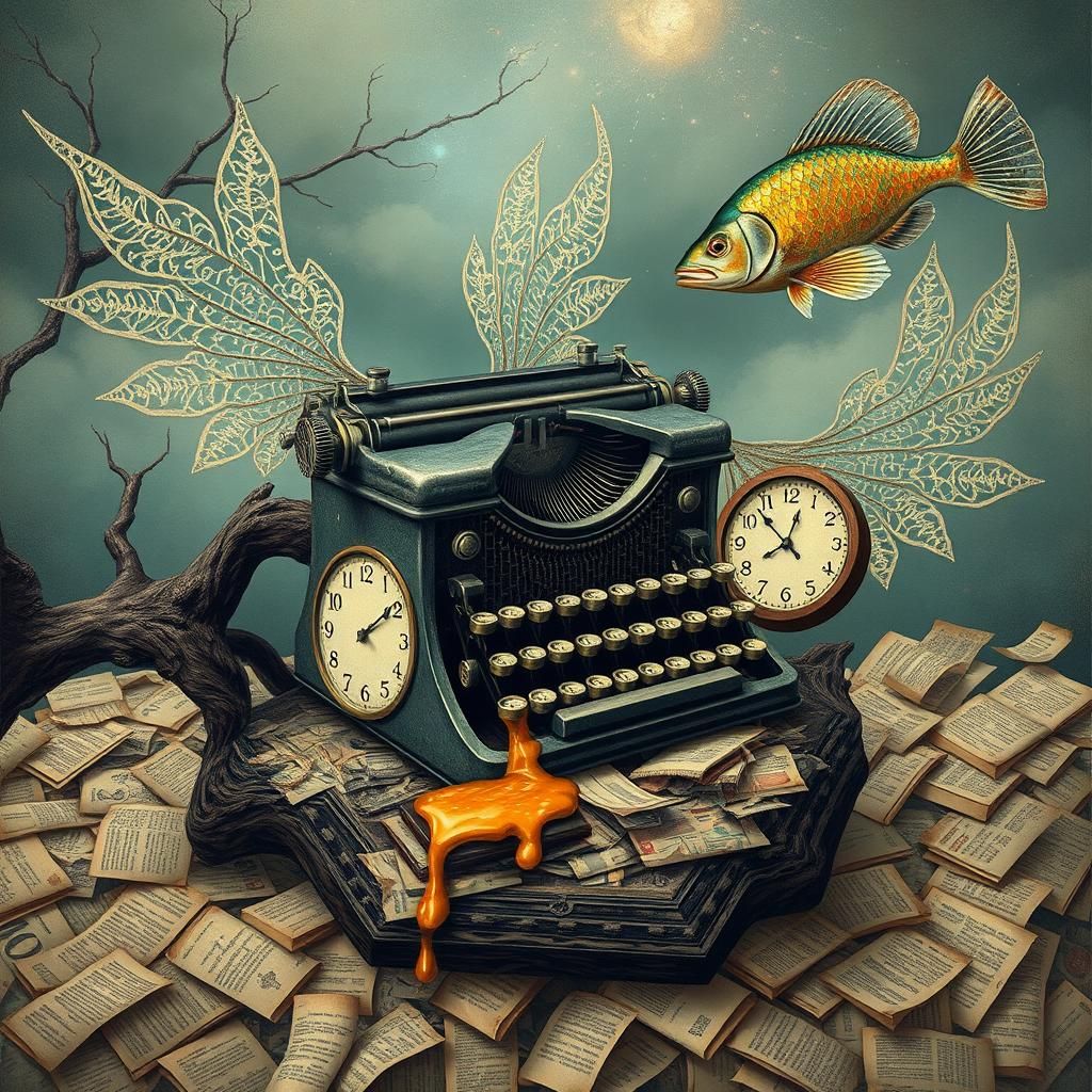 Surreal Typewriter Dreamscape in Magritte Style