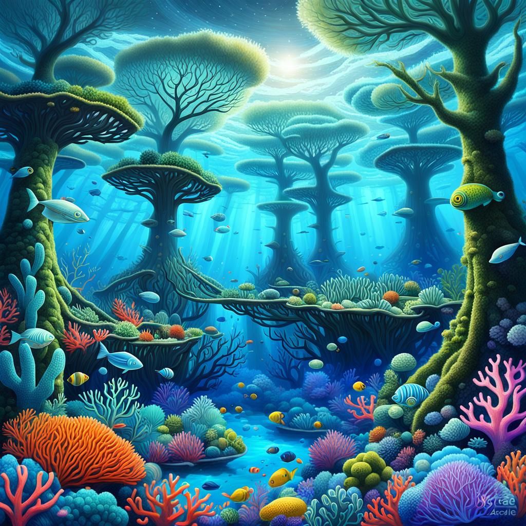 Bioluminescent Underwater Forest with Neon Coral Trees