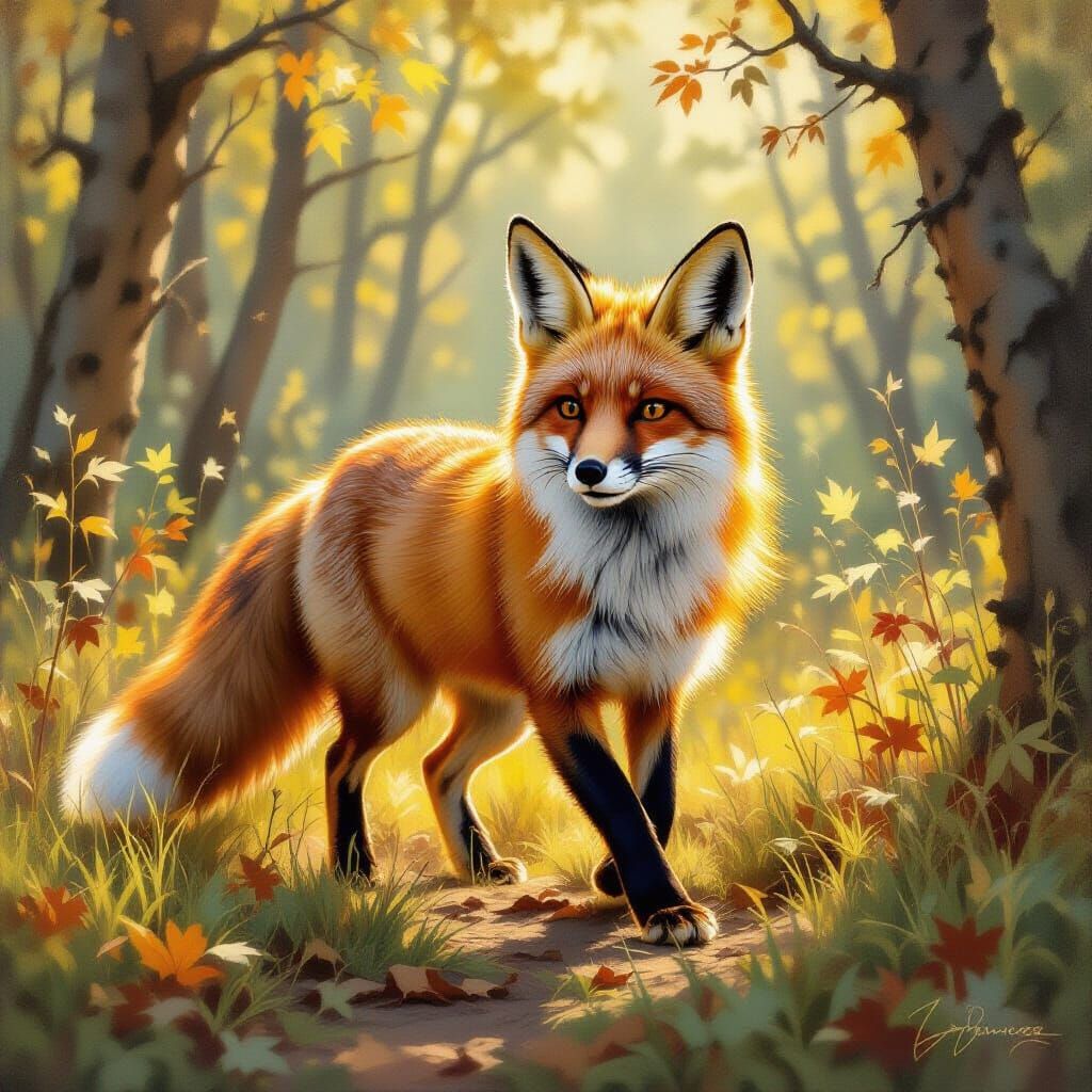 Red Fox in Sun-Dappled Forest Clearing