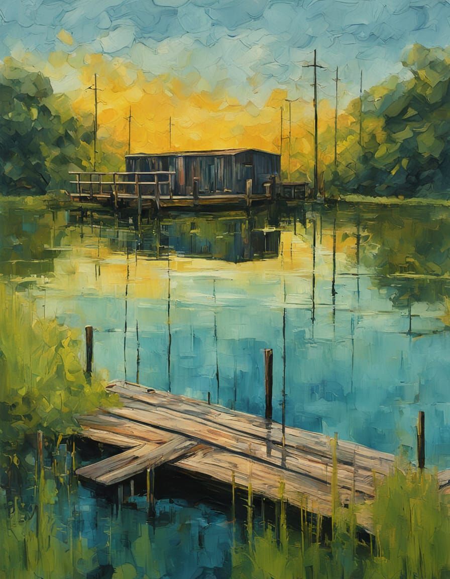 Surreal Sunrise Over Serene Lake as Impasto Painting