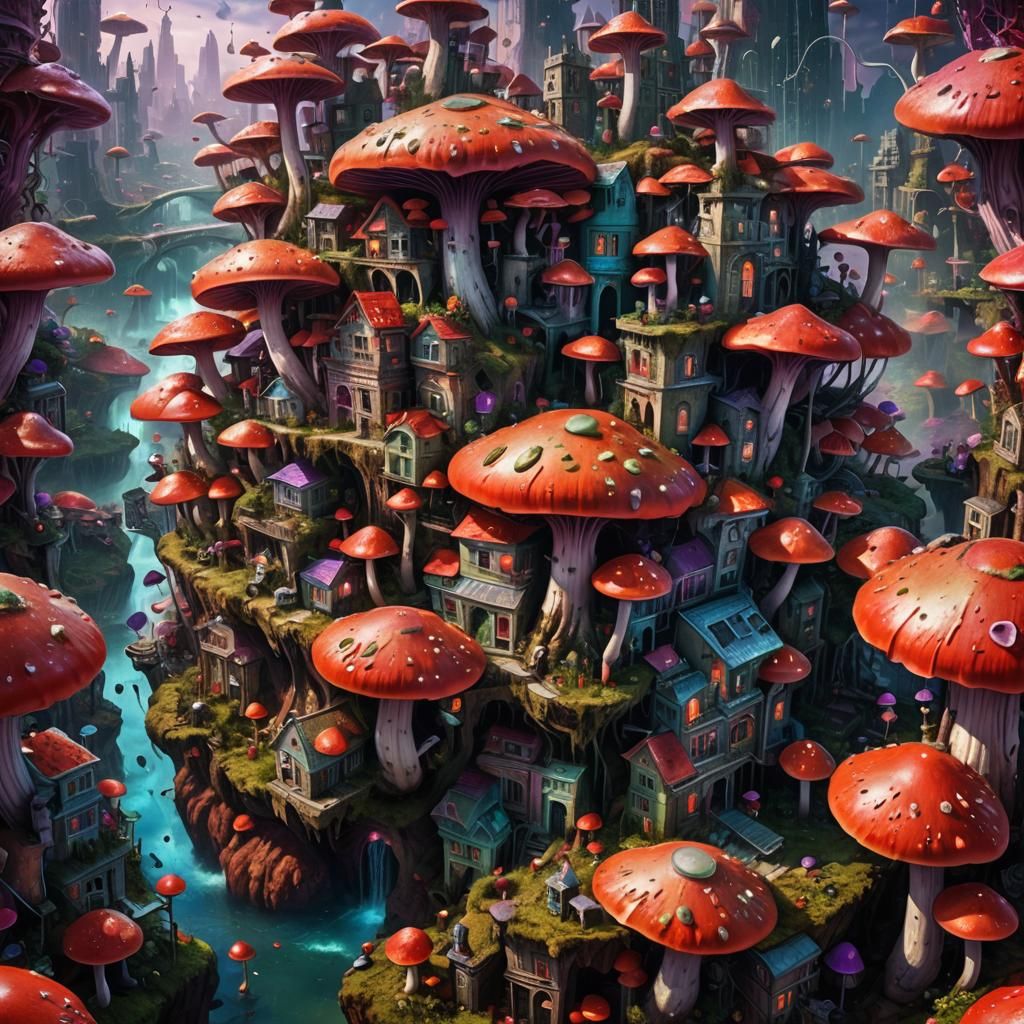 Surreal Mushroom Cityscape in High Fantasy Style