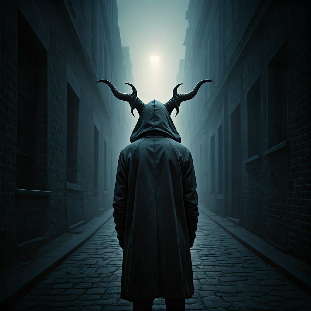 Mysterious Horned Figure in Dark Alleyway