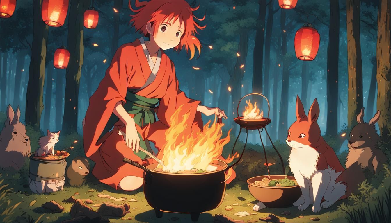 Anime Witch Prepares Meal in Enchanted Forest