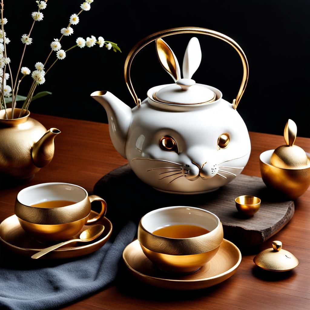 Whimsical Rabbit Teapot with Gold Kintsugi Details