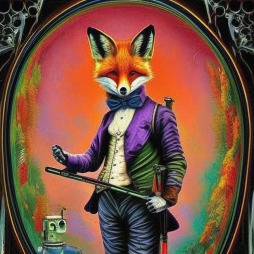 Fox Painter and Robot Assistant in Steampunk Style